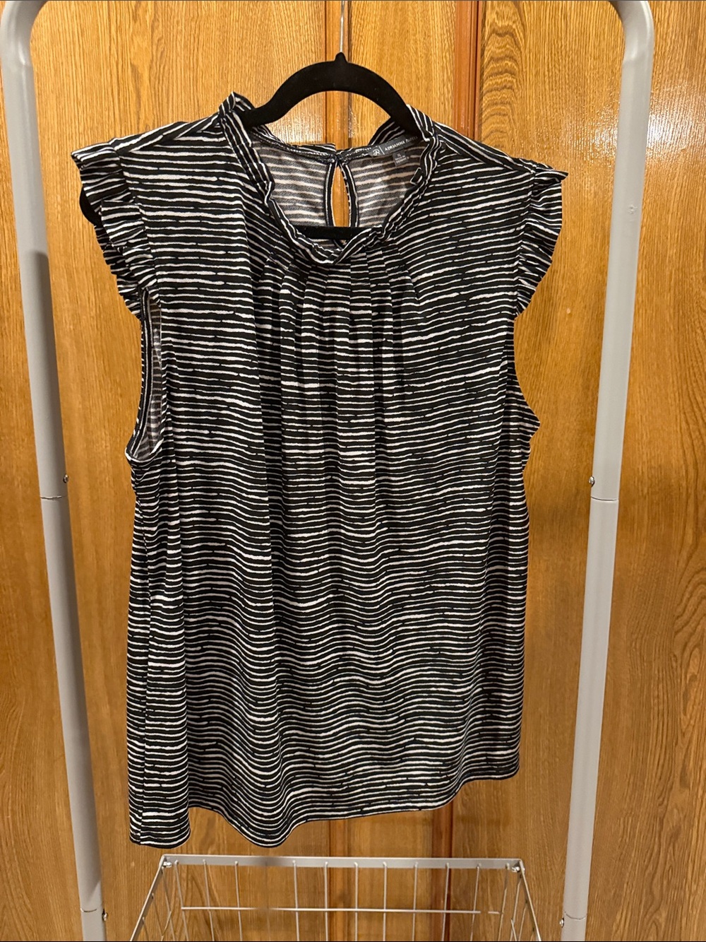 Adrianna Papell Black & White Striped Sleeveless Ruffle Neck Top